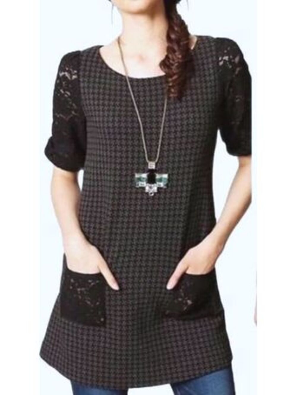 Anthropologie Postmark Black Houndstooth Lace Puff Sleeve Tunic Top XL Pockets